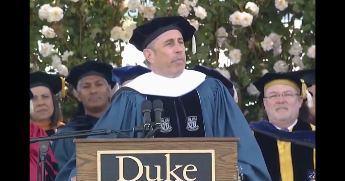 This X screen shot shows comedian Jerry Seinfeld giving a commencement speech at Duke University on May 12, 2024.