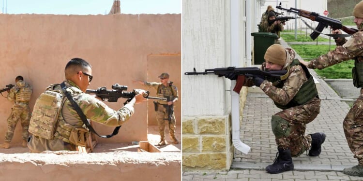 At left, U.S. airmen participate in a close-quarters battle refresher course at Nigerien Air Base 201 in Niger on Feb. 5, 2020. At right, Russian special forces troops take up firing positions as they attend a training session in the town of Gudermes in Chechnya on Dec. 13, 2022.