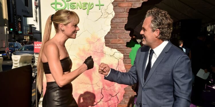 (L-R) Tatiana Maslany and Mark Ruffalo attend the world premiere of Marvel Studios' upcoming new series "She-Hulk: Attorney at Law" at El Capitan Theatre in Hollywood, California on August 15, 2022.