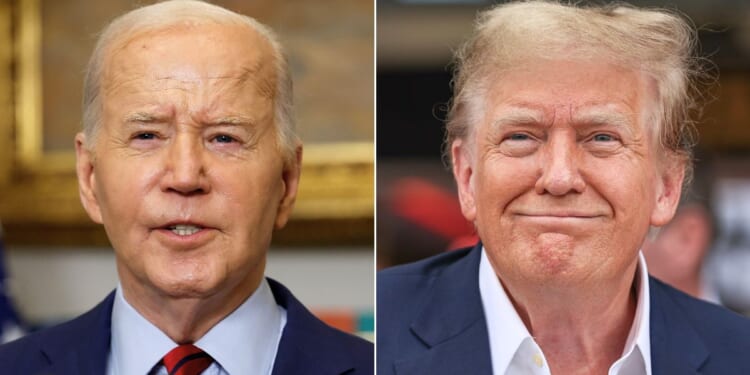 At left, President Joe Biden speaks from the Roosevelt Room of the White House in Washington on Thursday. At right, former President Donald Trump looks on during the F1 Grand Prix of Miami at the Miami International Autodrome on Sunday.