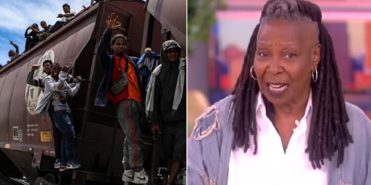 Left: Migrants travel illegally aboard a Mexican train known as "The Beast" as they arrive at Ciudad Juarez, Mexico, en route to crossing the U.S. border illegally. Right, "The View" co-host Whoopi Goldberg on Wednesday's episode.