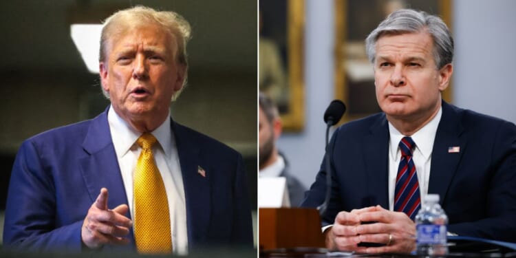 At left, Republican presidential candidate and former President Donald Trump speaks to reporters at the end of the day of his criminal trial at the New York State Supreme Court in New York on Thursday. At right, FBI Director Christopher Wray testifies before the House Appropriations Committee in Washington on April 11.