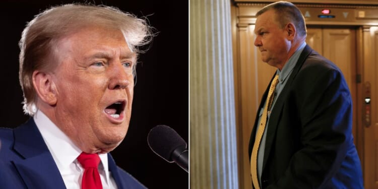 Former President Donald Trump, left, reportedly mocked the physique of Democratic Sen. Jon Tester, right.