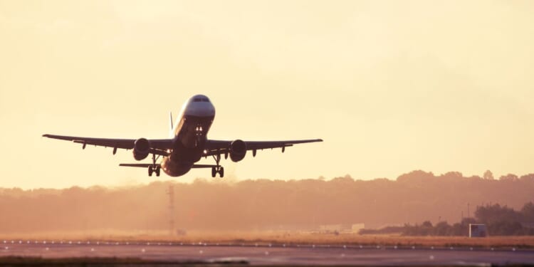 This Getty stock image shows an airplane taking off.