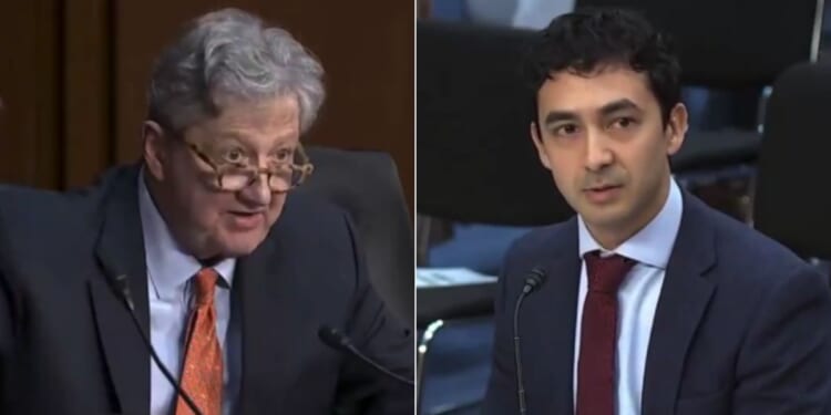 Sen. John Kennedy, left, went off on climate prof Dr. Geoffrey Supran, right, during a congressional hearing on Wednesday.