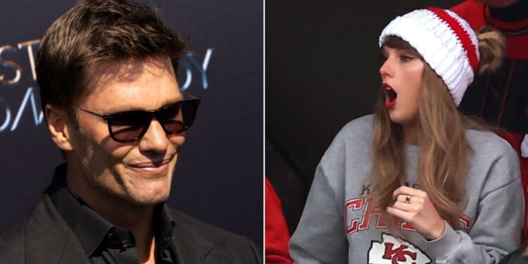 Former NFL quarterback Tom Brady, left, took a shot at pop star Taylor Swift during his roast rebuttal at the Kia Forum in Inglewood, California on Sunday.