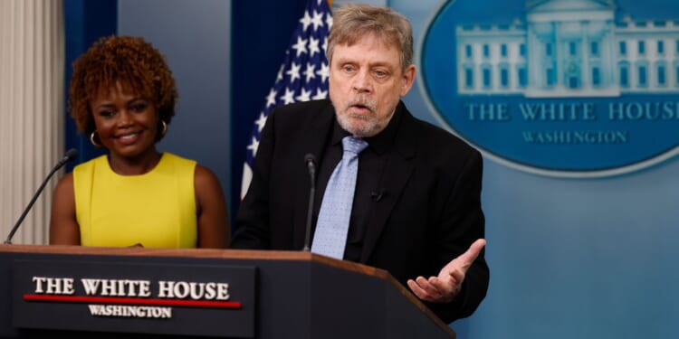 Actor Mark Hamill joins White House press secretary Karine Jean-Pierre at Friday's news briefing in Washington, DC. Hamill met with President Joe Biden in the Oval Office.