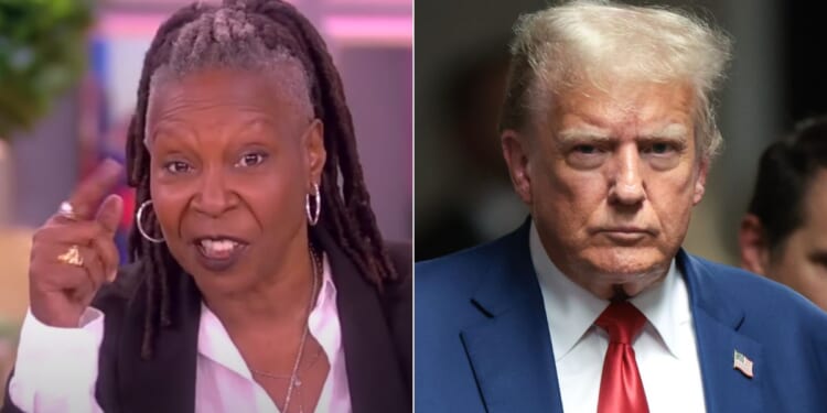 On Tuesday's episode of "The View," co-host Whoopi Goldberg, left, called former President Donald Trump, right, a "snowflake" for complaining about the gag order in his hush money trial.