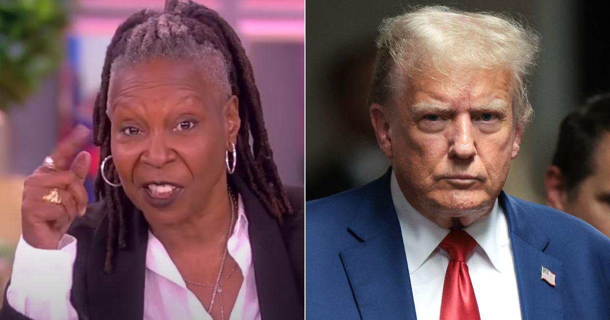 On Tuesday's episode of "The View," co-host Whoopi Goldberg, left, called former President Donald Trump, right, a "snowflake" for complaining about the gag order in his hush money trial.