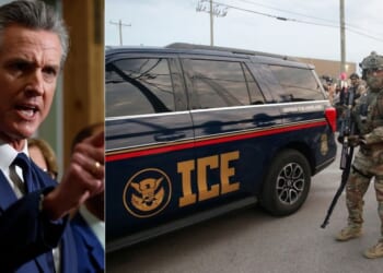 Gov. Gavin Newsom, left, tried to make face masks illegal for ICE agents, but DHS said ICE agents will not follow his law.