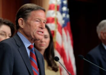 Sen. Richard Blumenthal, a Democrat from Connecticut, speaks during a news conference to discuss legislation designating Russia and Belarus at the U.S. Capitol on Sept. 11, 2025, in Washington, D.C.