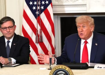 President Donald Trump delivers remarks alongside Speaker of the House Mike Johnson at the Invest America Roundtable in the State Dining room at the White House on June 9, 2025, in Washington, D.C.
