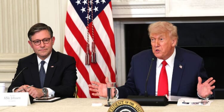 President Donald Trump delivers remarks alongside Speaker of the House Mike Johnson at the Invest America Roundtable in the State Dining room at the White House on June 9, 2025, in Washington, D.C.