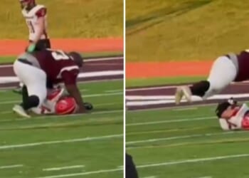 A football player from Kalamazoo Central High School appeared to jump on a prone Lakeshore High School student on Sept. 18, 2025, in Michigan.