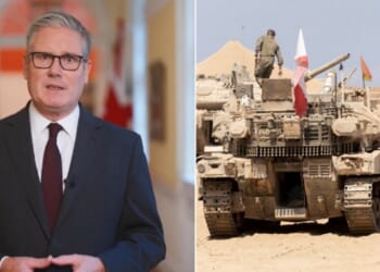 British Prime Minister Keir Starmer, left; Israeli tanks on the Gaza border, right.