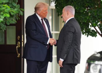 President Donald Trump, left, shakes the hand of Israeli Prime Minister Benjamin Netanyahu, right, at the White House in Washington, D.C, on Monday.
