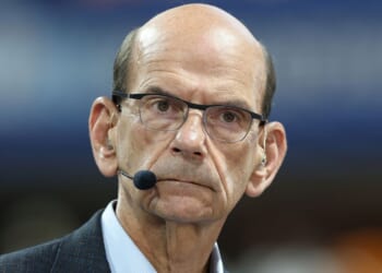 Paul Finebaum sits on the set of SEC Network prior to the 2025 Aflac Kickoff Game between the Syracuse Orange and the Tennessee Volunteers in Atlanta, Georgia, on Aug. 30.