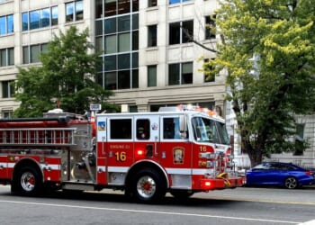 A fire engine on Oct. 19, 2022, at the corner of Massachusetts Ave. NW and 13th St. NW, in Washington, D.C.