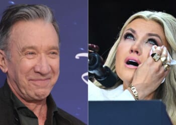 Comedian Tim Allen, left, took to X to share that Erika Kirk's, right, message of forgiveness for her husband's assassin inspired him to forgive the man that killed his father over 60 years ago.