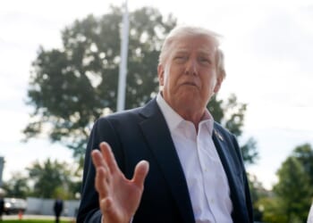 President Donald Trump speaks to members of the media as he departs the White House on Sept. 26, 2025, in Washington, D.C.
