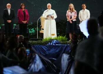 Pope Leo XIV, center, attends the International conference "Raising Hope for Climate Justice", in Castel Gandolfo, Italy, on Wednesday.