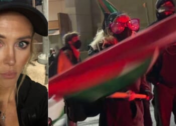 The Post Millennial reporter Katie Daviscourt posted on X that she was assaulted, resulting in a black eye, left, in Portland, Oregon, on Tuesday by an "Antifa agitator," right, who hit her while wielding a flag.