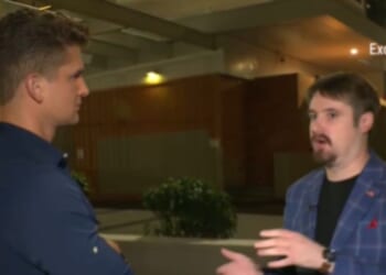 Fox News reporter Bill Melugin interviews independent conservative journalist Nick Sortor after his arrest by police in Portland, Oregon, on the night of Oct. 2, 2025.