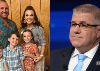 The son, daughter-in-law, and two grandchildren, left, of Republican gubernatorial challenger Illinois state Sen. Darren Bailey, right, were killed in a helicopter accident in Montana on Wednesday. Bailey’s middle grandson was not in the helicopter at the time of the accident.