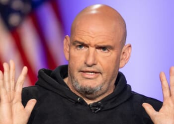 U.S. Senator John Fetterman speaks during a segment on Fox News in Boston, Massachusetts, on June 2, 2025.