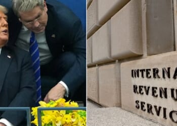 Left, President Donald Trump is pictured speaking with Treasury Secretary Scott Bessent in a September file photo from the U.S. Open in New York. Right, the IRS headquarters in Washington.