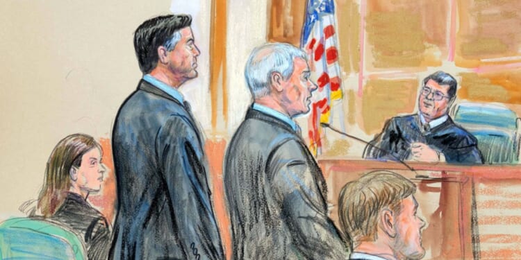 A courtroom sketch of former FBI Director James Comey and his attorneys standing in a federal courthouse in Alexandria, Virginia, on Oct. 8, 2025.