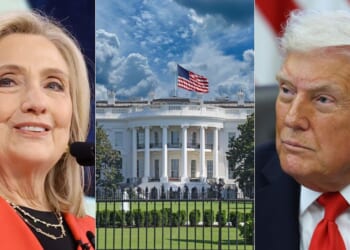 On Tuesday, Hillary Clinton, left, took to X to chastise President Donald Trump, right, for the renovations he is performing on the White House, center, but she is the one who took from it when her husband was president.