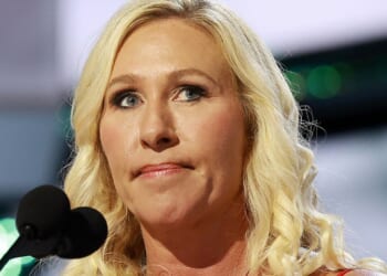 Rep. Marjorie Taylor Greene speaks on stage on the first day of the Republican National Convention in Milwaukee, Wisconsin, on July 15, 2024.