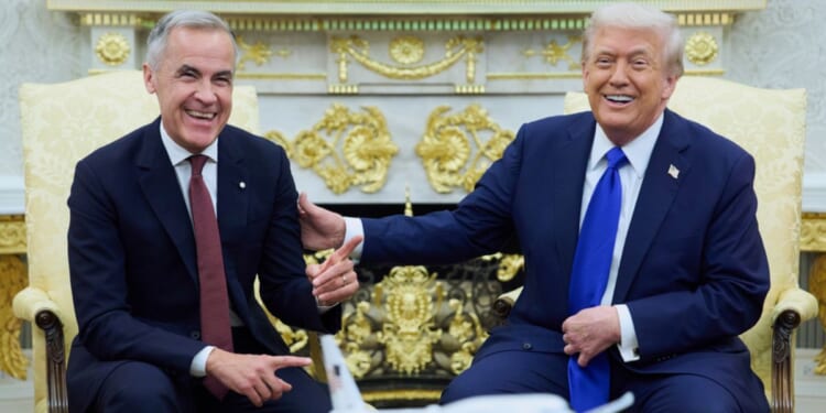 President Donald Trump meets with Canadian Prime Minister Mark Carney Tuesday in the Oval Office of the White House in Washington, D.C.