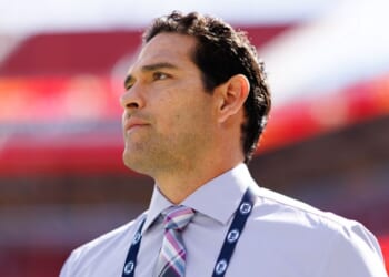 NFL broadcaster Mark Sanchez stands on the field prior to an NFL game between the Arizona Cardinals and the San Francisco 49ers at Levi's Stadium on Sept. 21, 2025, in Santa Clara, California.