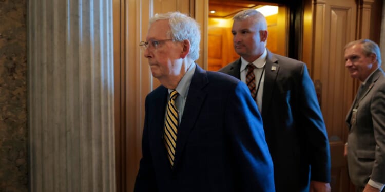Sen. Mitch McConnell, a Republican from Kentucky, walks to the Senate Chambers in the U.S. Capitol Building on July 28, 2025, in Washington, D.C.