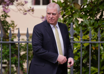 Prince Andrew looks around as he leaves after attending the Easter Matins Service at St. George's Chapel, Windsor Castle, England, on April 20, 2025.