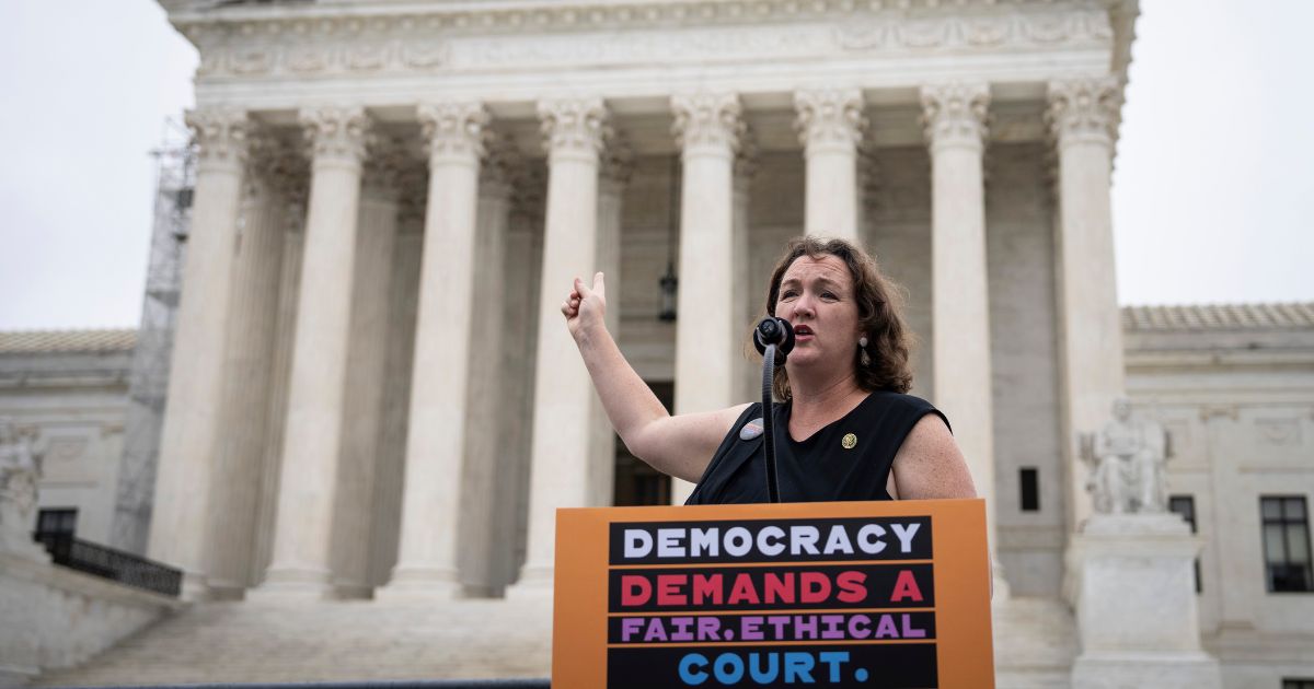 Rep. Katie Porter speaks during a rally outside of the U.S. Supreme Court in Washington, DC, on June 22, 2023.