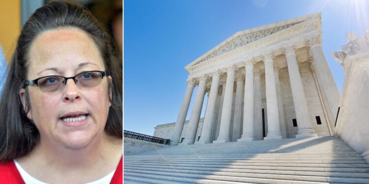 Kim Davis, seen in a file photo from September 2015, makes a statement to the media at the front door of the Rowan County Judicial Center in Morehead, Kentucky. The former Kentucky county clerk who refused to issue marriage licenses to same-sex couples is appealing a ruling ordering her to pay thousands in attorney fees and is asking for the overturning of the Obergefell case that made sames-sex marriage the law of the land.