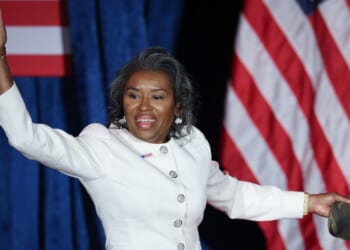 Virginia Republican gubernatorial candidate Lt. Gov. Winsome Earle-Sears arrives on stage before addressing supporters during a primary night rally at the Hippodrome Theater on June 17, 2025, in Richmond, Virginia.