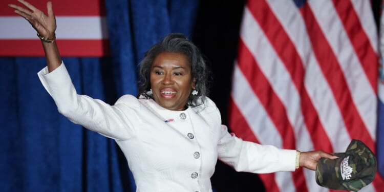 Virginia Republican gubernatorial candidate Lt. Gov. Winsome Earle-Sears arrives on stage before addressing supporters during a primary night rally at the Hippodrome Theater on June 17, 2025, in Richmond, Virginia.