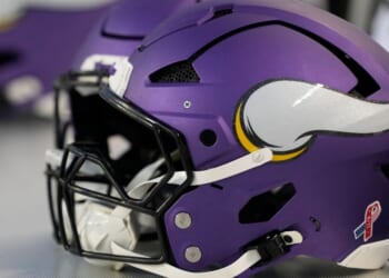 A Minnesota Vikings helmet sits on the bench before a game against the Chicago Bears at Soldier Field in Chicago, Illinois, on Sept. 8.
