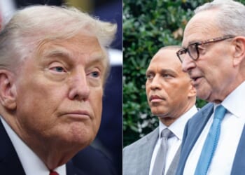 President Donald Trump, left, took to Truth Social to explain that he can use the Democrat-forced government shutdown -- led by House Minority Leader Hakeem Jeffries, center, and Senate Minority Leader Chuck Schumer, right -- to save the government money.