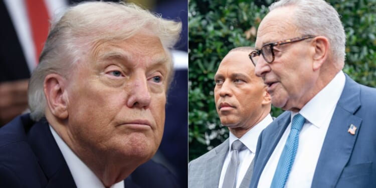 President Donald Trump, left, took to Truth Social to explain that he can use the Democrat-forced government shutdown -- led by House Minority Leader Hakeem Jeffries, center, and Senate Minority Leader Chuck Schumer, right -- to save the government money.