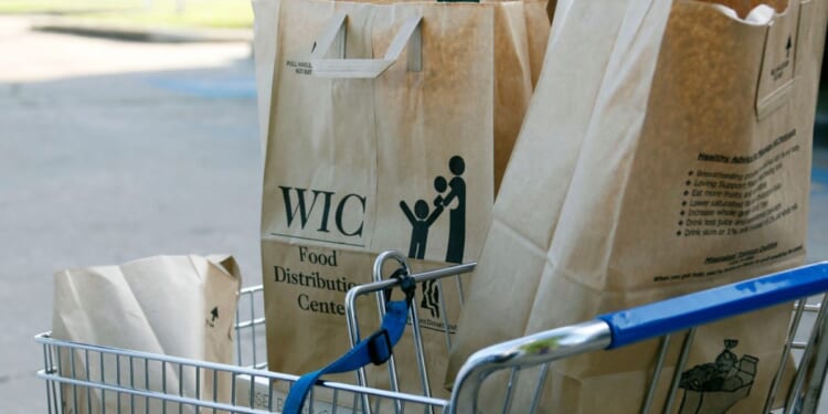 Grocery bags with food from the Special Supplemental Nutrition Program for Women, Infants and Children, WIC, sit in a shopping cart before being loaded into a vehicle in Jackson, Mississippi, on Oct. 3, 2013.