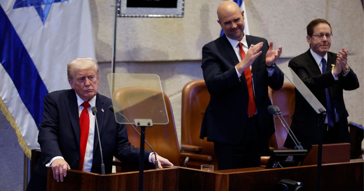 President Donald Trump, left, address the Israeli Knesset in Jerusalem on Monday.