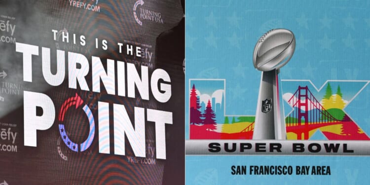 Turning Point USA, left, has announced it will be hosting a halftime show during Super Bowl LX, right.