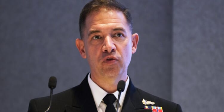 Then-U.S. Navy Vice Adm. Brad Cooper speaks at an event at the International Defense Exhibition and Conference in Abu Dhabi, United Arab Emirates on Feb. 21, 2023.