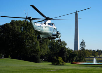 Marine One with President Donald Trump on board departs from the South Lawn of the White House on Oct. 17, 2025, in Washington, D.C.