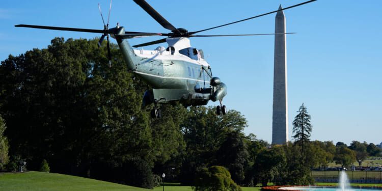 Marine One with President Donald Trump on board departs from the South Lawn of the White House on Oct. 17, 2025, in Washington, D.C.